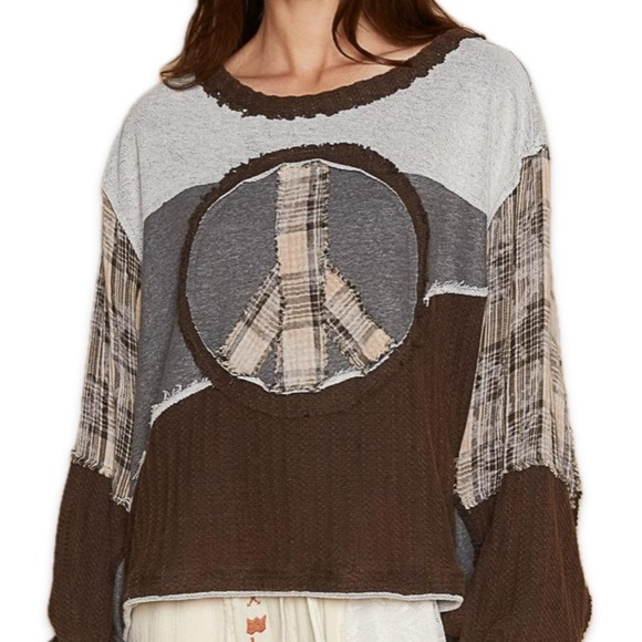 POL Sweat shirt Peace Sign Free Terry Boho / Peace Top Patchwork L Boutique - Picture 3 of 15